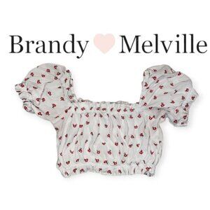 John Galt Brandy Melville White Red Mira Embroidered Milkmaid Crop Top XS/S EUC